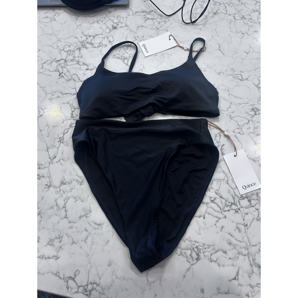 NWT Quince Black Italian Scoop Neck Bikini Top & High Rise High Leg Bottoms Med